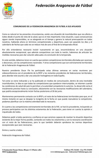 COMUNICADO DE LA FEDERACIÓN ARAGONESA DE FUTBOL (1)